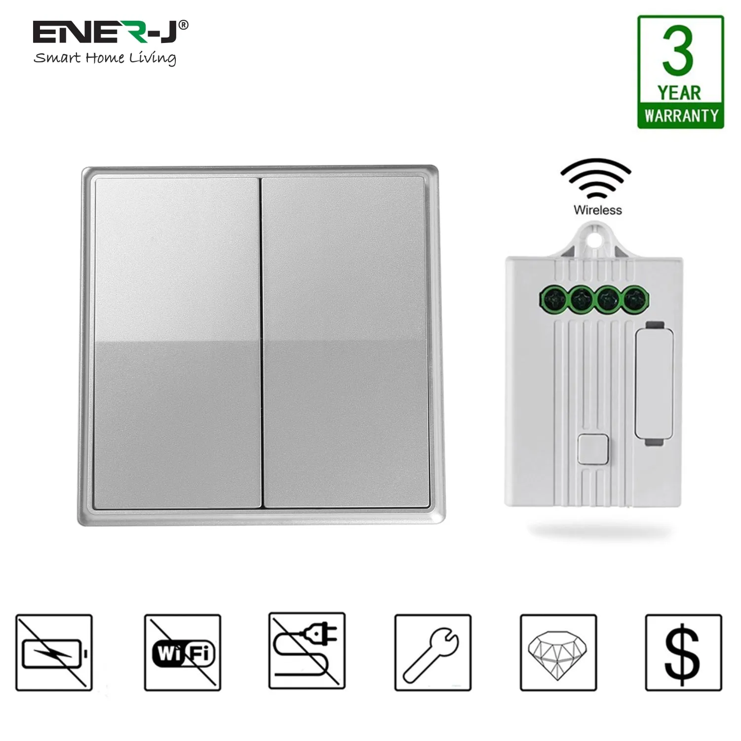ENER-J 2 Gang Wireless Kinetic Switch Non Dimmable (silver body)   2 x 500W RF Receiver